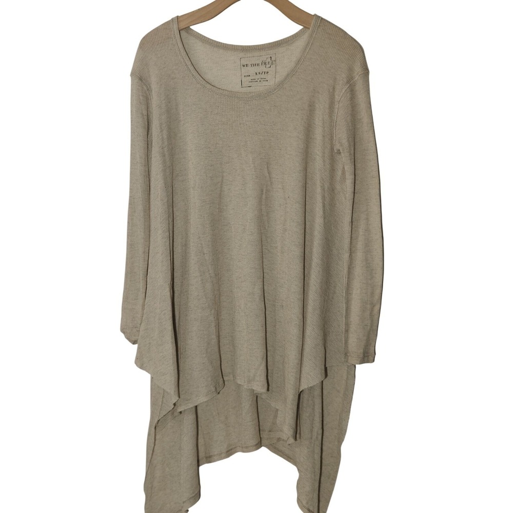 We The Free Beige Waffle Knit Asymmetrical Hem Long Sleeve Top XS oversized‎